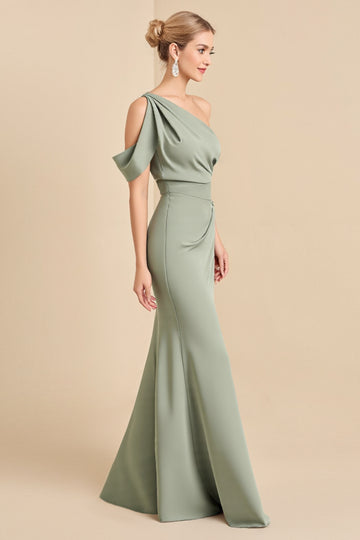 Matcha One Shoulder Mermaid Long Satin Bridesmaid Dress